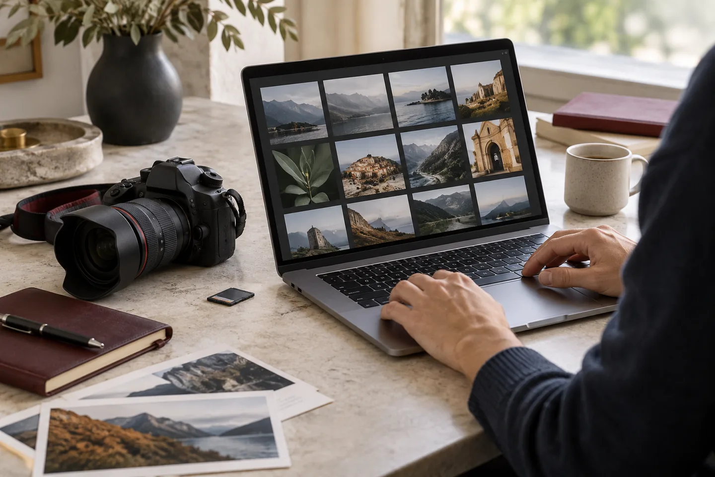Przygotowanie fotografii na laptopie, aparat i odbitki na biurku