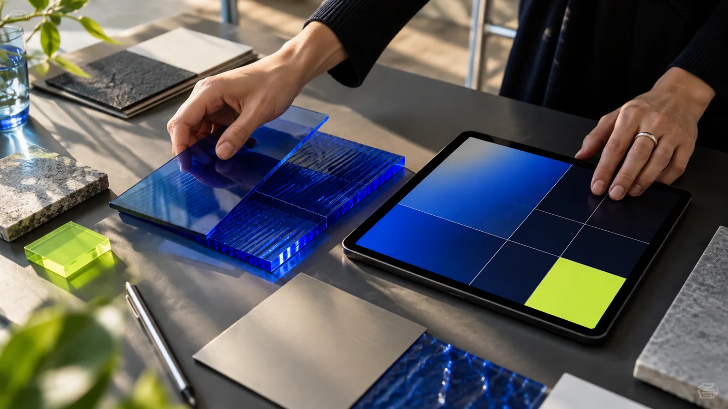 Materiały projektowe, próbki kolorów i tablet podczas pracy nad projektem